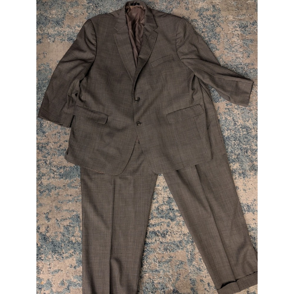 Hart Schaffner Marx Mens Glen Plaid Suit Brown 2 Button Blazer Cuffed Pants USA